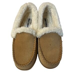 Minnetonka Moccasin Vyanne Venetian Slippers Tan Suede Faux Fur Lined Womens 10M